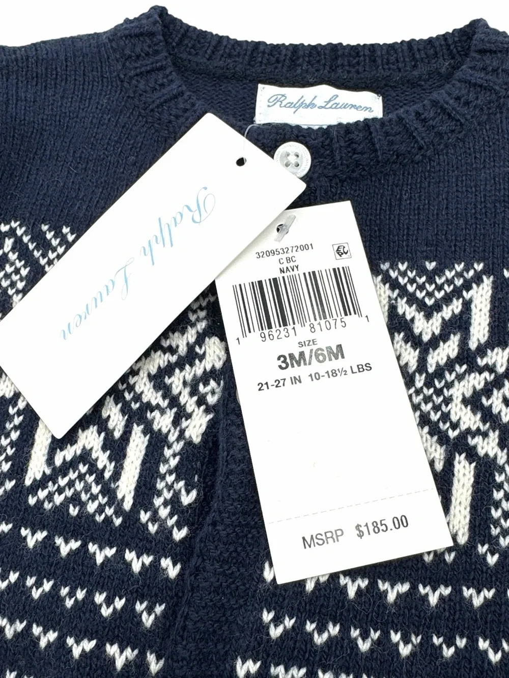 NWT Ralph Lauren Snowflake Fair Isle Cotton-Blend Cardigan Size 3M/6M